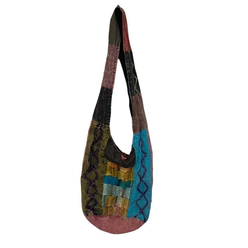 Vtg Y2K rising international boho hobo patchwork hippie shoulder purse crossbody